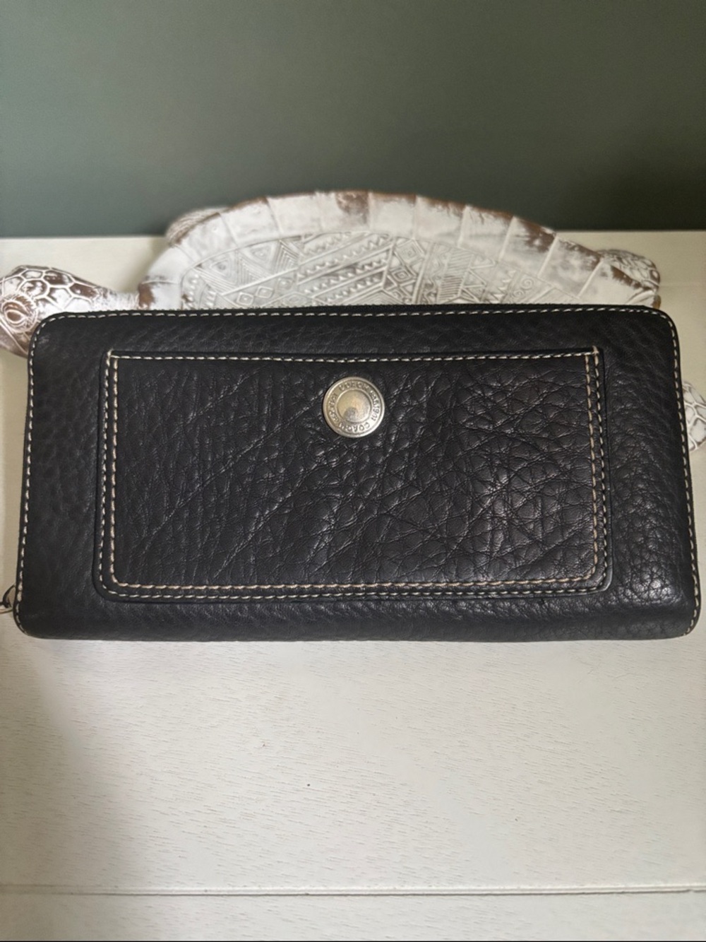 Vintage Coach Chelsea Black Leather Zip Wallet with Contrasting Stitching